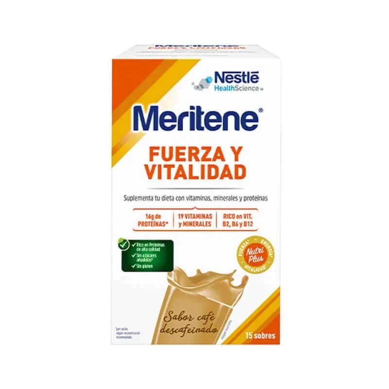 Meritene Strength & Vitality Shake cu aromă de cafea decofeinizată, 15 pliculețe