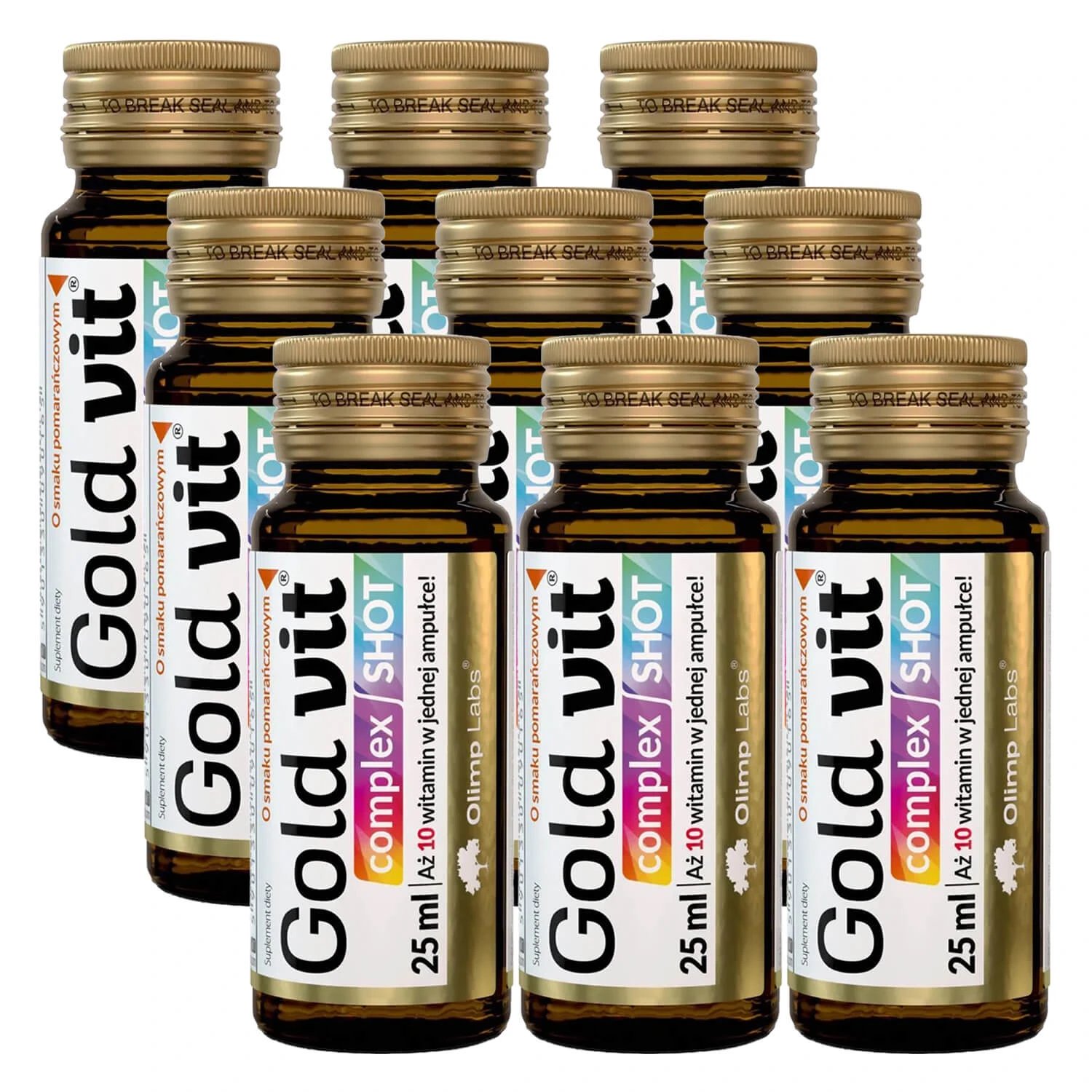 Olimp Gold-Vit Complex Shot, fiolă de sticlă, aromă de portocale, 9 x 25 ml