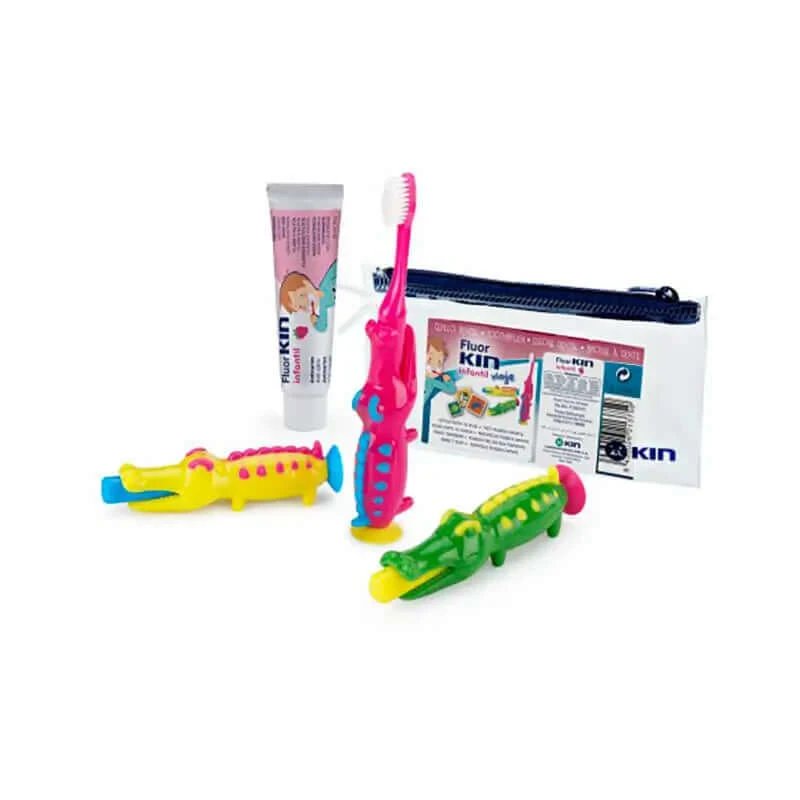 Periuță de dinți de călătorie pentru copii KIN Crocodile + pastă de dinți