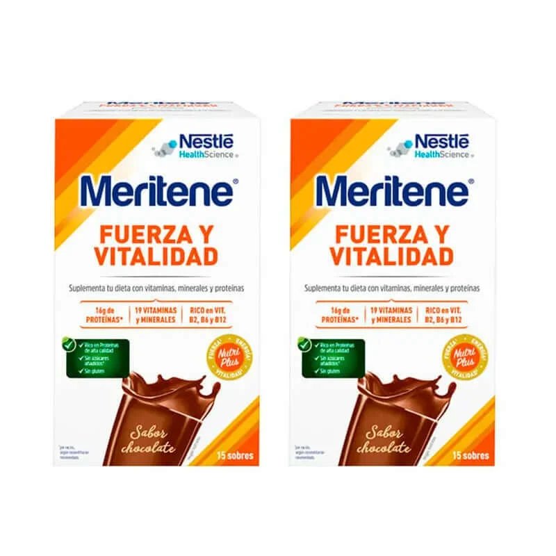 Meritene Strength & Vitality Shake cu aromă de ciocolată 2x15 pliculețe, 30g