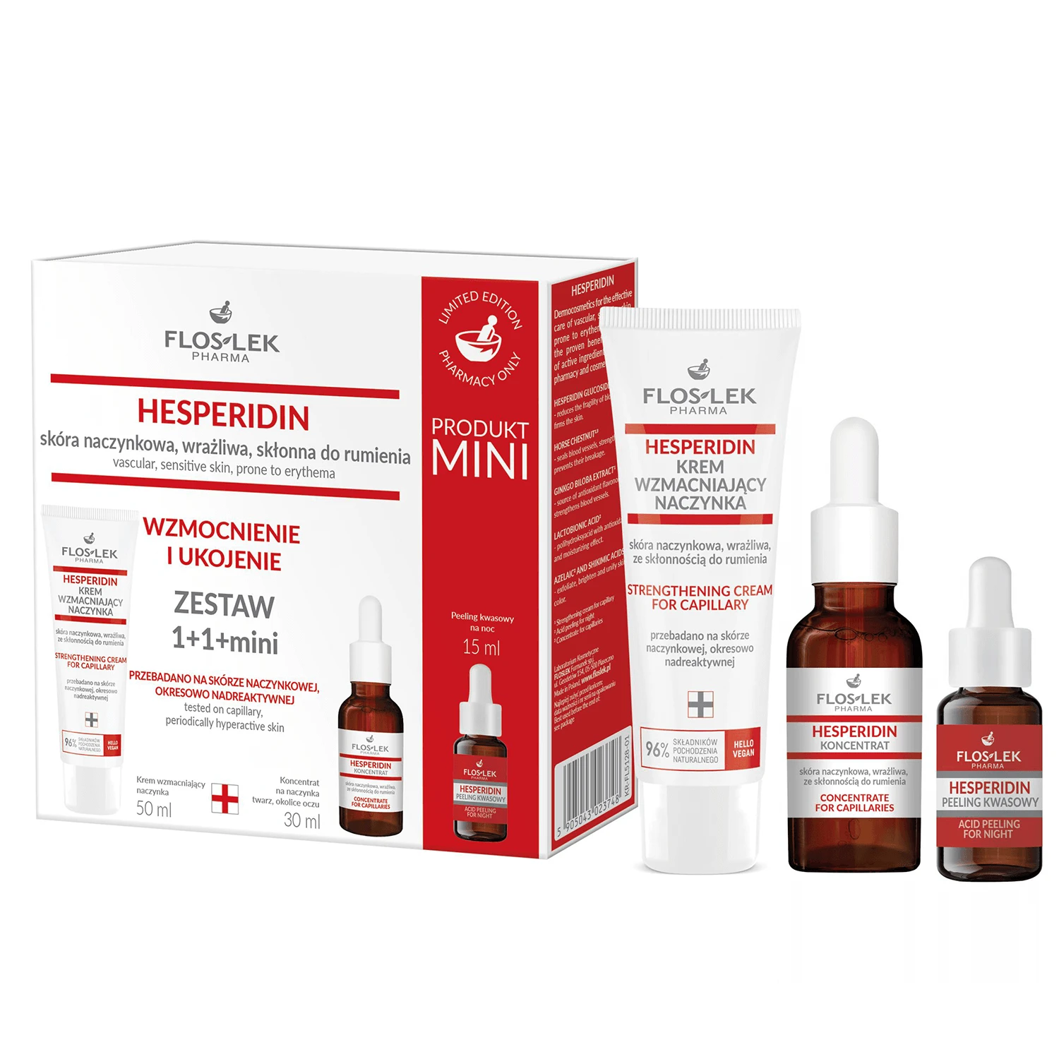 Set Flos-Lek Hesperidin, cremă de întărire capilară, 50 ml + concentrat capilar, 30 ml + peeling acid, noapte, 5 ml