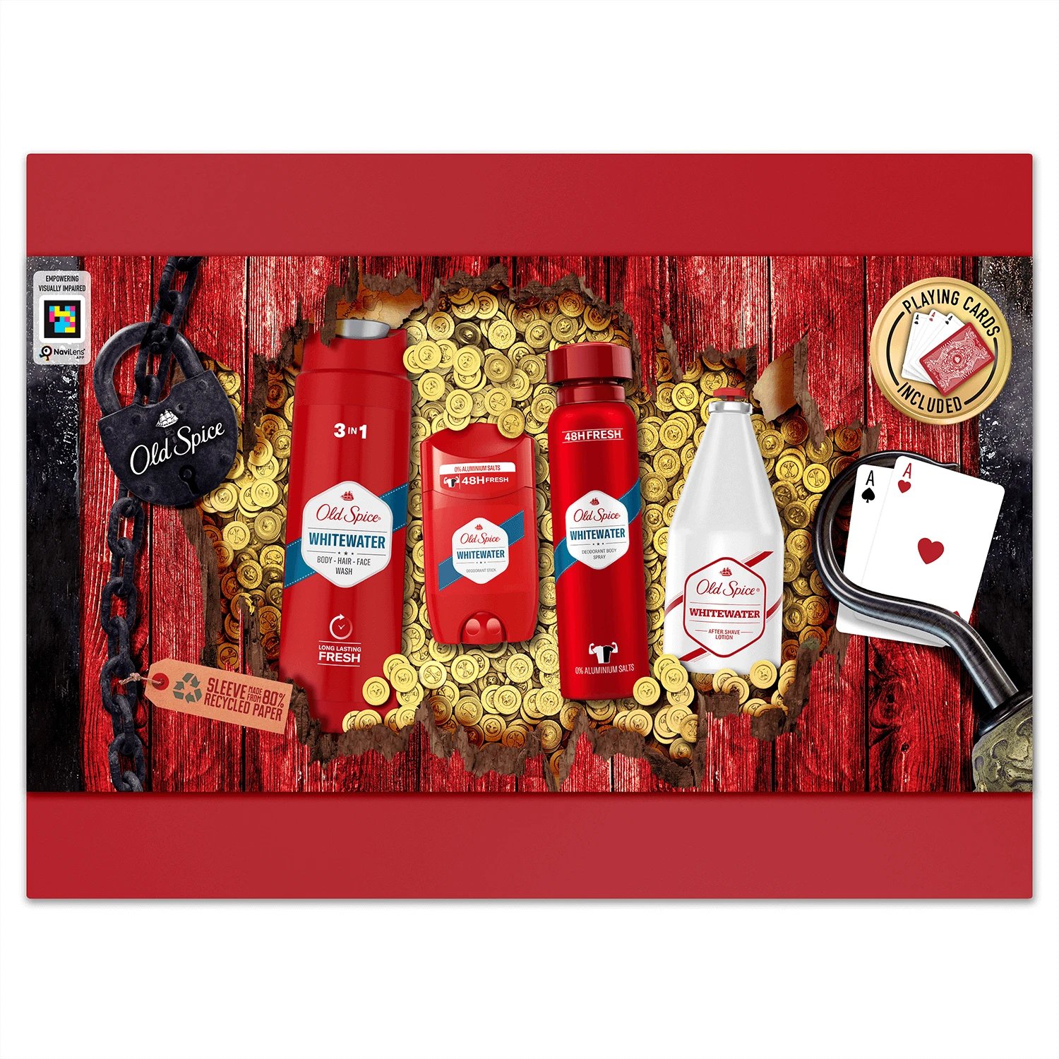 Set Old Spice Pirate, deodorant, spray, Whitewater, 150 ml + deodorant, stick, 50 ml + gel de duș, 250 ml + aftershave, 100 ml + cărți de joc