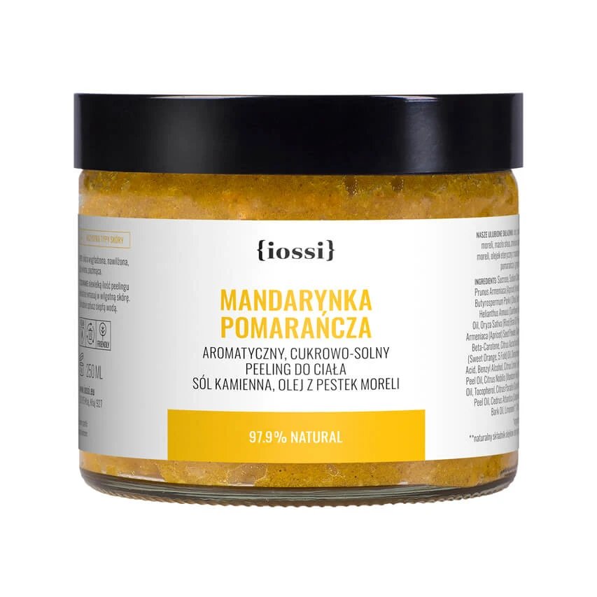 Iossi Mandarin Orange, exfoliant de corp aromat cu sare și zahăr, sare gemă, ulei din sâmburi de caise, 250 ml