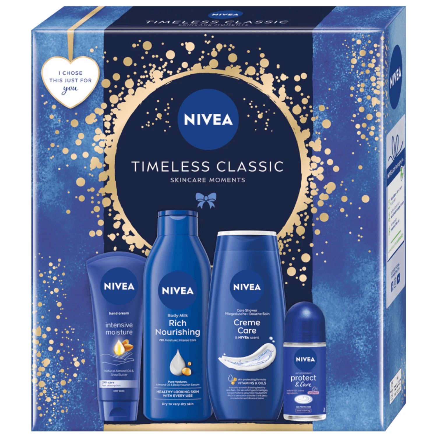 Set Nivea Timeless Classic, gel de duș, 250 ml + cremă de mâini, 100 ml + roll-on antiperspirant, 50 ml + lapte de corp, 250 ml