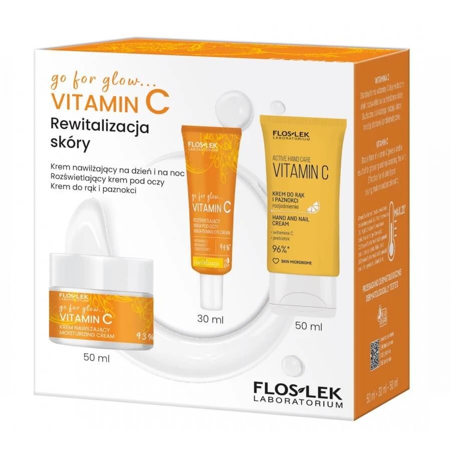 Floslek go for glow...VITAMINA C Set de revitalizare a pielii cremă hidratantă de zi și de noapte 50 ml + cremă de ochi iluminatoare 30 ml + cremă de mâini și unghii 50 ml