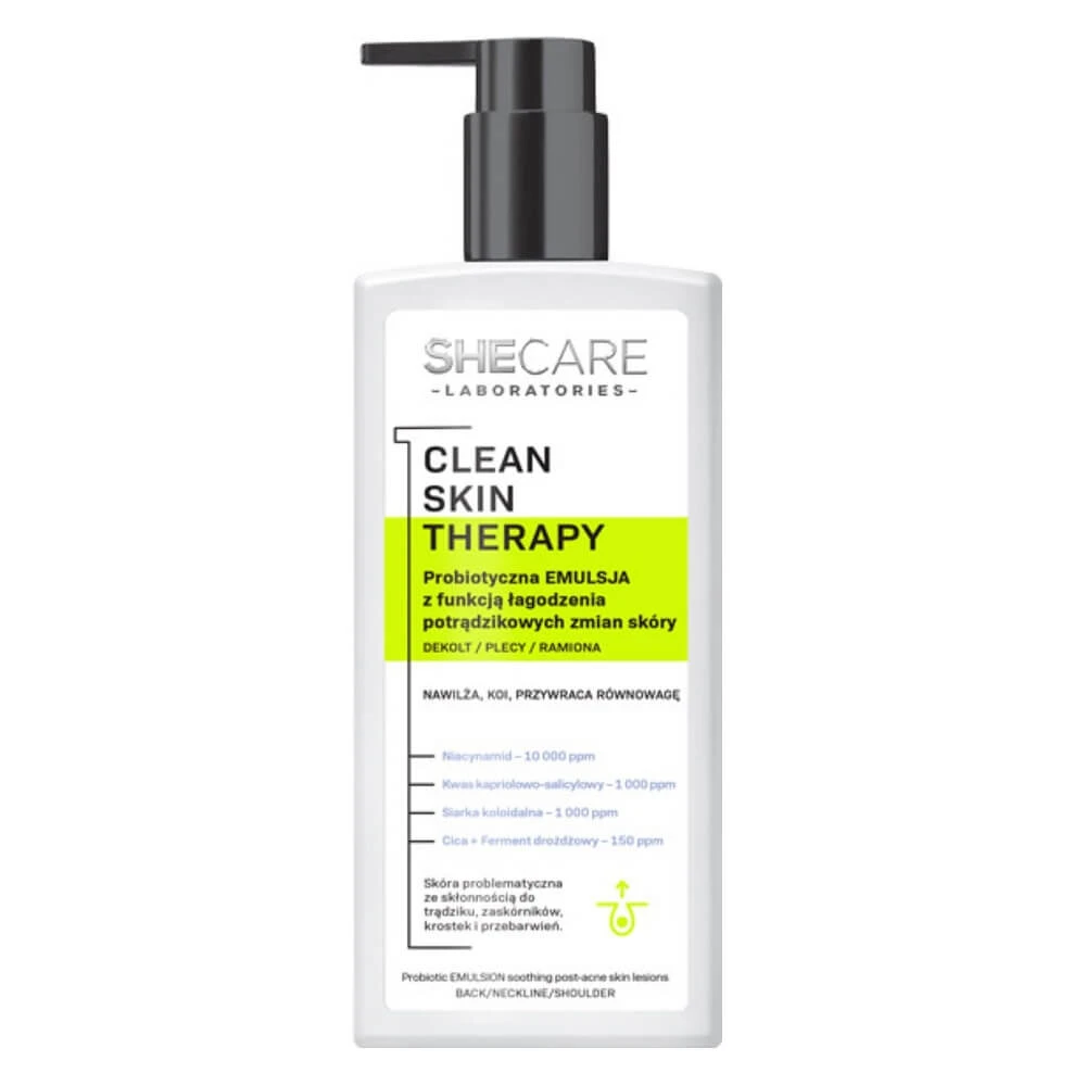 Shecare Clean Skin Therapy Emulsie de corp probiotică cu funcție de ameliorare a acneei, 225 ml