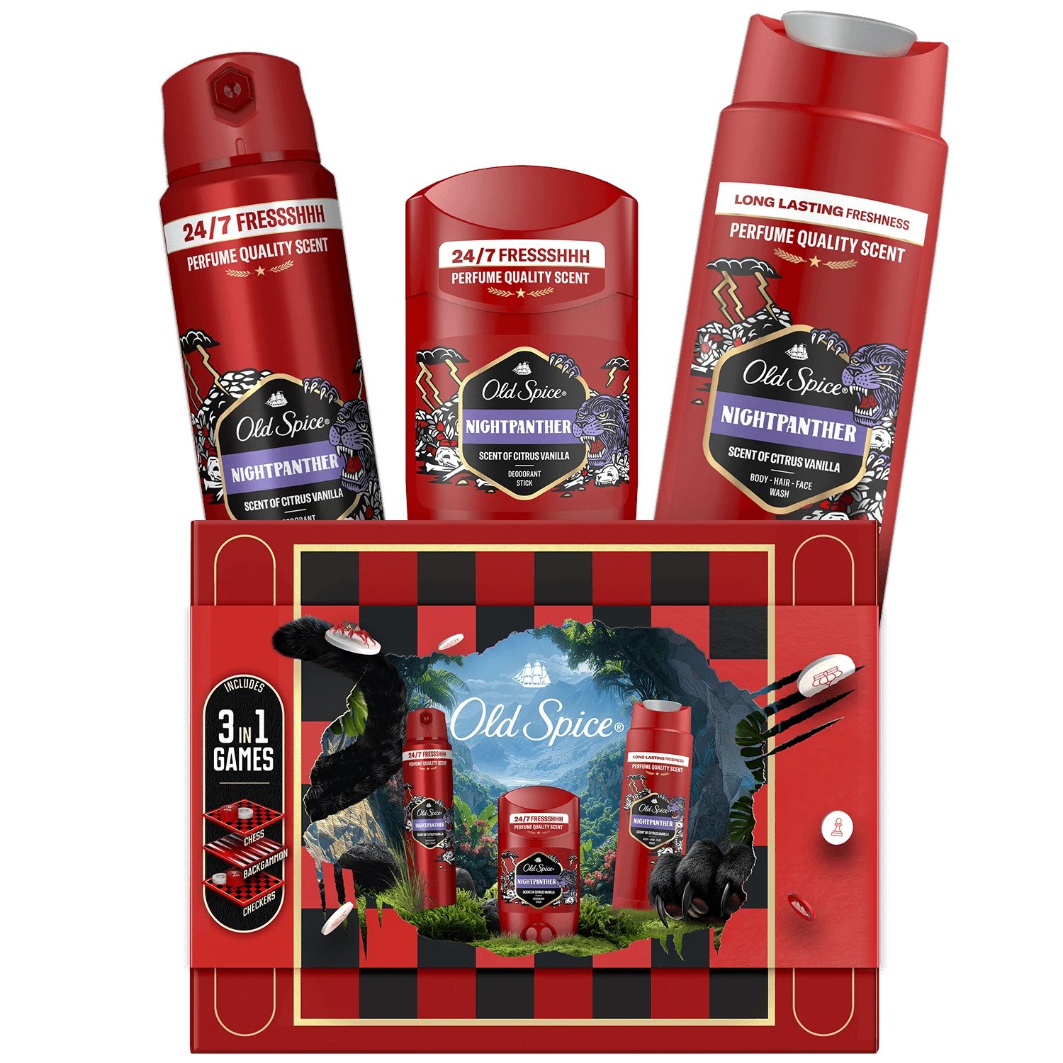 Old Spice Gamebox set, Night Panter, deodorant stick, 50ml + deodorant spray, 150ml + gel de duș 3in1, 250ml + gamebox 3in1