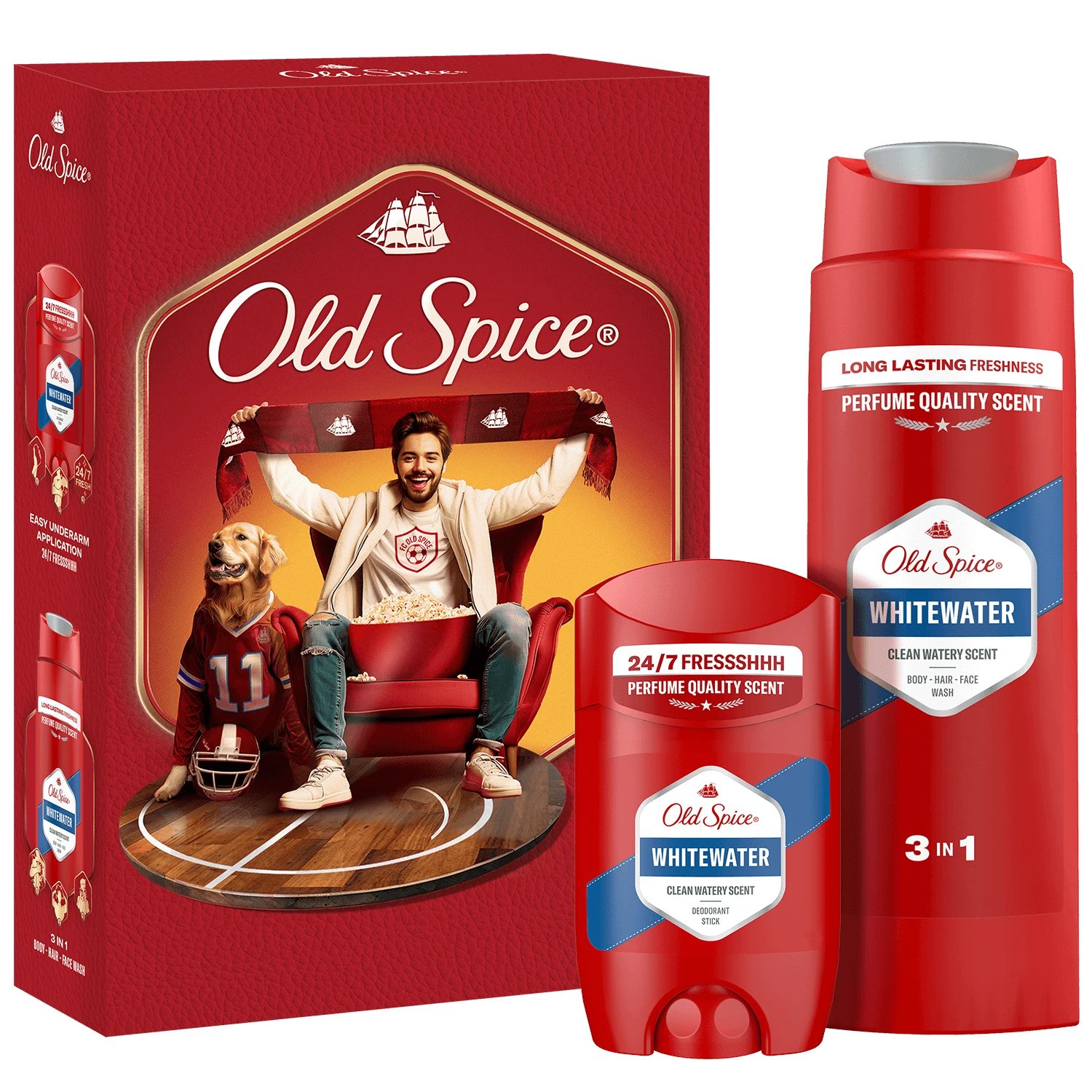 Set Old Spice Sports Fan, Whitewater, deodorant stick, 50ml + gel de duș 3 în 1, 250ml