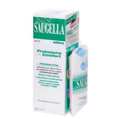Pachet Saugella protection&comfort 1 activ 250 ml + 3 tampoane normale gratuite + autocolante motivaționale gadget