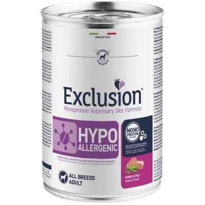 Excludere Formula de dietă veterinară monoproteică hipoalergenică porc și mazăre toate rasele 400 g