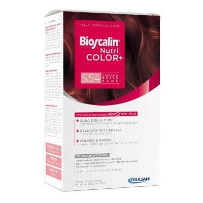 Bioscalin nutricolor plus 5.54 cremă colorantă maro roșu cupru 40 ml + cremă detector 60 ml + șampon 12 ml + balsam tratament final 12 ml