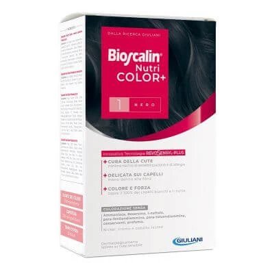 Bioscalin nutricolor plus 1 cremă colorantă neagră 40 ml + cremă detector 60 ml + șampon 12 ml + balsam tratament final 12 ml