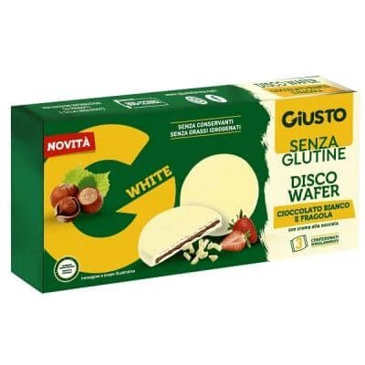 Giusto disco wafer fără gluten ciocolată albă și căpșuni 3 x 24 g