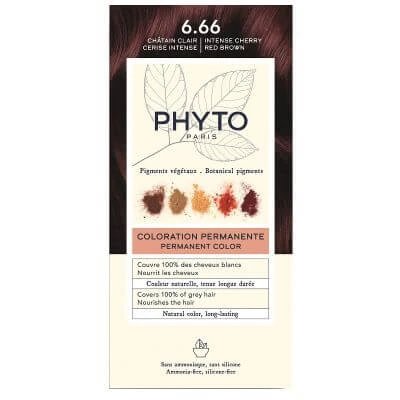 Kit de culoare phytocolor 6.66 roșu cireș intens maro 1 lapte revelator 50 ml + 1 cremă colorantă 50 ml + 1 mască de prelungire a culorii 10 ml + 1 pereche de mănuși