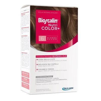 Bioscalin nutricolor plus 6 cremă colorantă blond închis 40 ml + cremă detector 60 ml + șampon 12 ml + balsam tratament final 12 ml