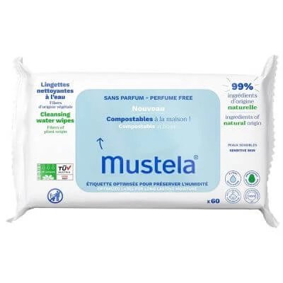 Șervețele cu apă fără parfum Mustela compostabile 60 bucăți
