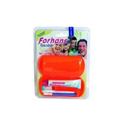 Kit de buzunar de călătorie Forhans format din periuță de dinți de călătorie + tub 12,5 ml pastă de dinți specială Forhans