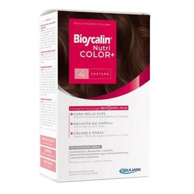 Bioscalin nutricolor plus 4 cremă colorantă maro 40 ml + cremă revelatoare 60 ml + șampon 12 ml + balsam tratament final 12 ml