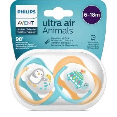 Avent ultra air animale suzetă pinguin / broască țestoasă bărbat 6-18 luni 2 bucăți