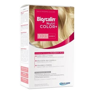 Bioscalin nutricolor plus 10.23 cremă colorantă pentru nisip 40 ml + cremă detector 60 ml + șampon 12 ml + balsam tratament final 12 ml
