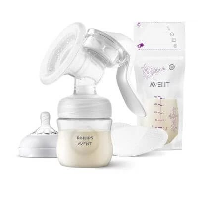 Pompă de sân manuală Avent naturală + 4 tampoane de sân și 5 pungi de stocare a laptelui