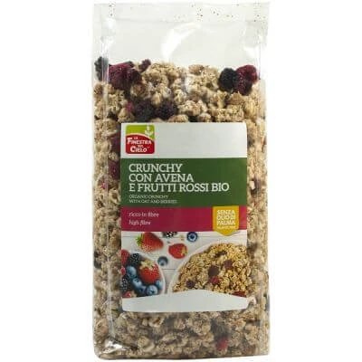 Fsc crunchy cu ovăz organic bogat în fibre și fructe roșii cu ulei de floarea soarelui fără ulei de palmier 375 g