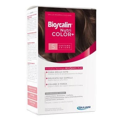 Bioscalin nutricolor plus 5 cremă colorantă maro deschis 40 ml + cremă detector 60 ml + șampon 12 ml + balsam tratament final 12 ml