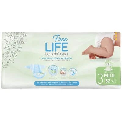 Freelife by bebecash midi scutece mărimea 3 4-9 kg talie 35-56 cm 52 bucăți