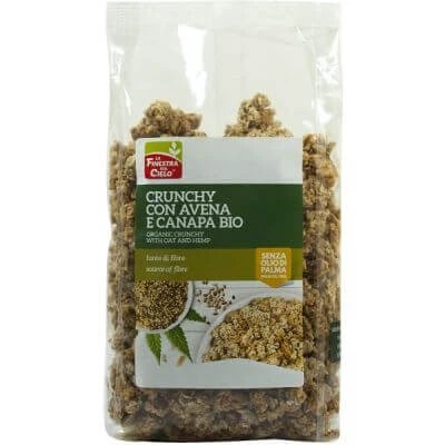 Fsc crunchy cu ovăz organic bogat în fibre și cânepă cu ulei de floarea soarelui și fără ulei de palmier 375 g