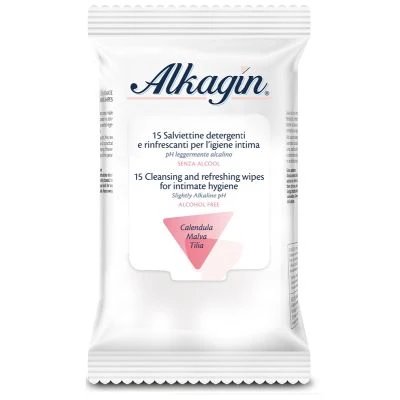 Alkagin șervețele igienice intime de curățare și reîmprospătare ph ușor alcalin fără alcool 15 bucăți calendula mallow și tilia