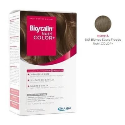 Bioscalin nutri color+ 6.01 cremă colorantă blond închis rece 40 ml + cremă detector 60 ml + șampon 12 ml + balsam 12 ml + mănuși de unică folosință