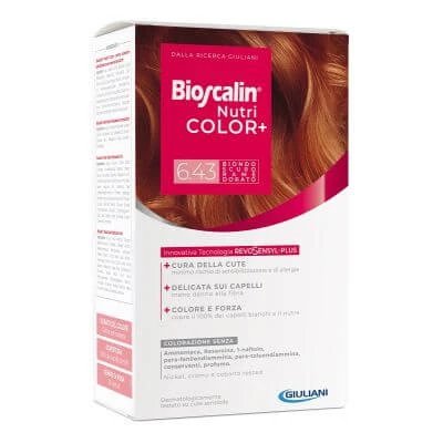 Bioscalin nutricolor plus 6.43 cremă colorantă blond cupru închis 40 ml + cremă revelatoare 60 ml + șampon 12 ml + balsam tratament final 12 ml