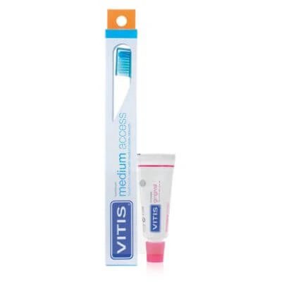 Periuță de dinți cu acces mediu Vitis + pastă de dinți gingivală Vitis 15 ml