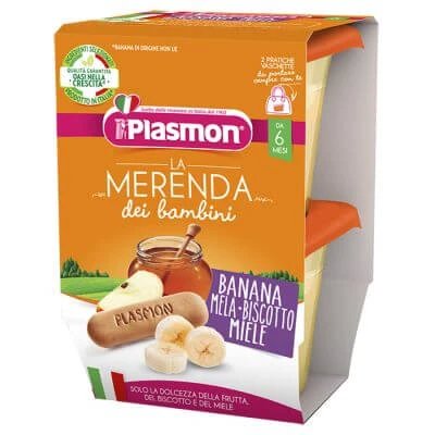 Plasmon la merenda dei bambini snack banana mere biscuit miere aseptic 2 x 120 g