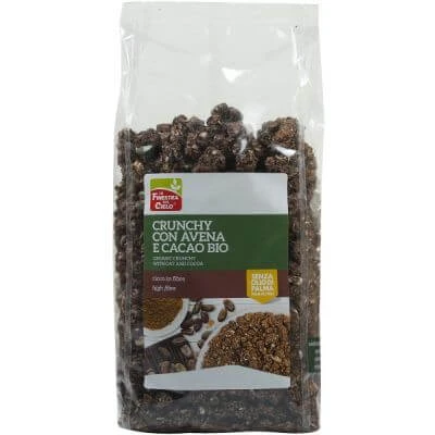 Fsc crunchy cu ovăz organic bogat în fibre și cacao cu ulei de floarea soarelui fără ulei de palmier 375 g