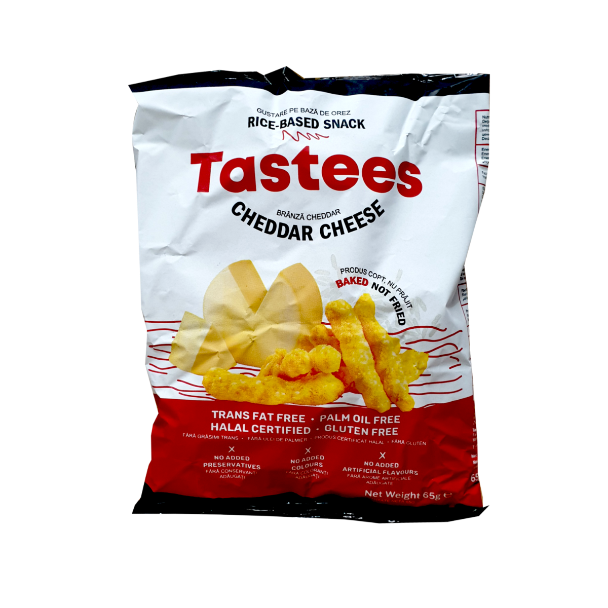 Snack din orez cu aroma de branza cheddar, 65g, Tastees