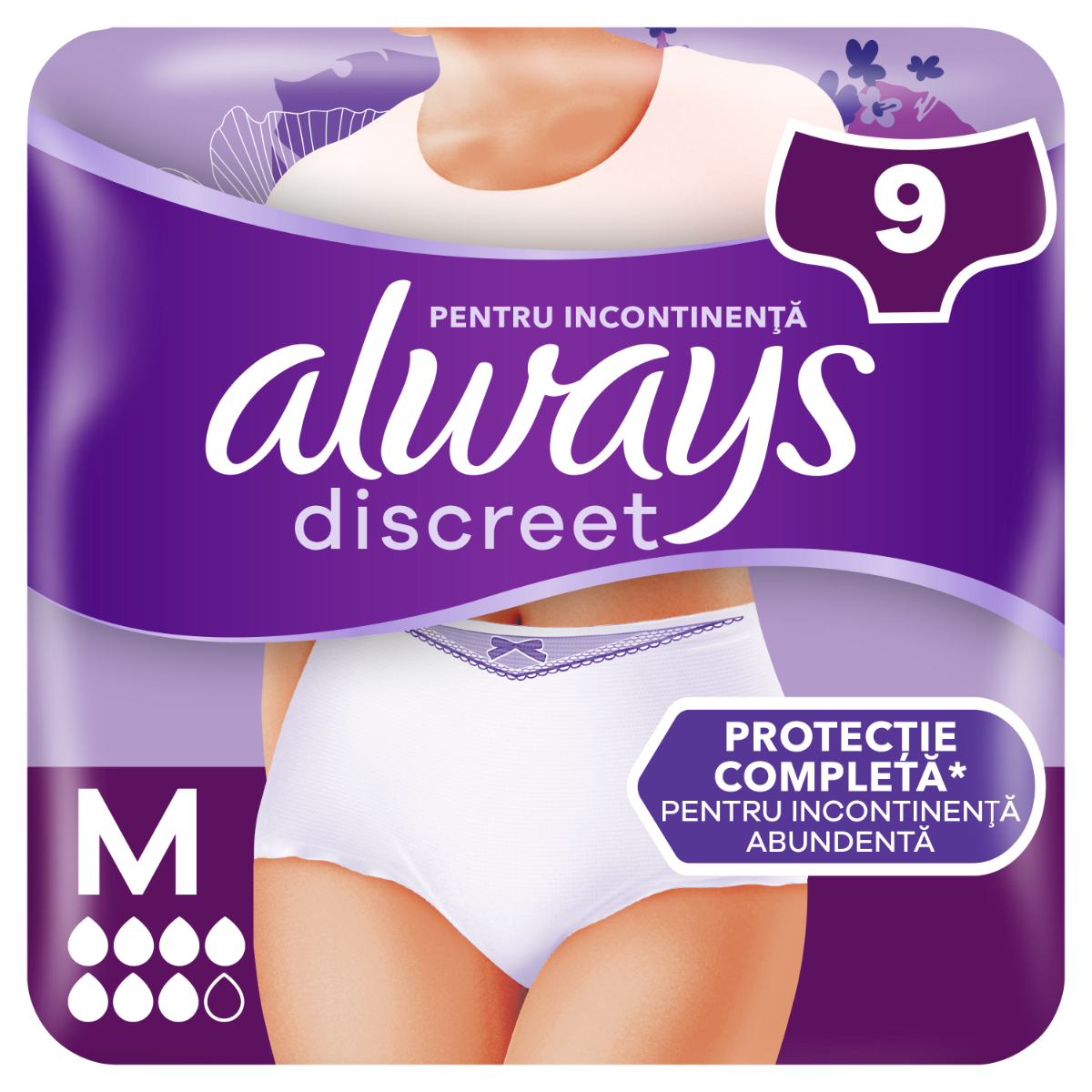 Chiloti pentru incontinenta urinara Discreet 7 picaturi M, 9 bucati, Always
