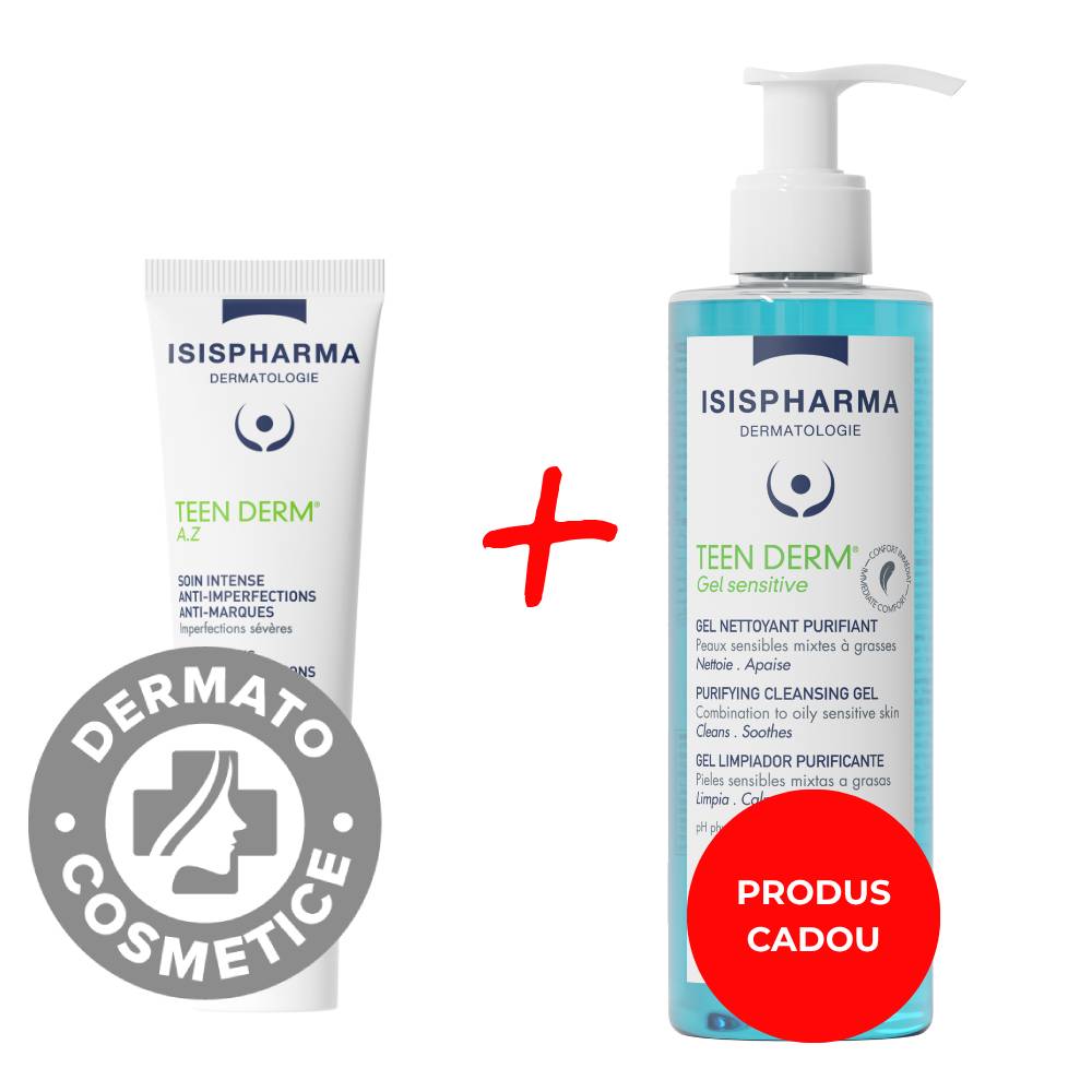 Pachet Crema pentru imperfectiuni Teen Derm AZ 30ml + Gel de curatare Teen Derm Sensitive 250ml Gratuit, Isis Pharma