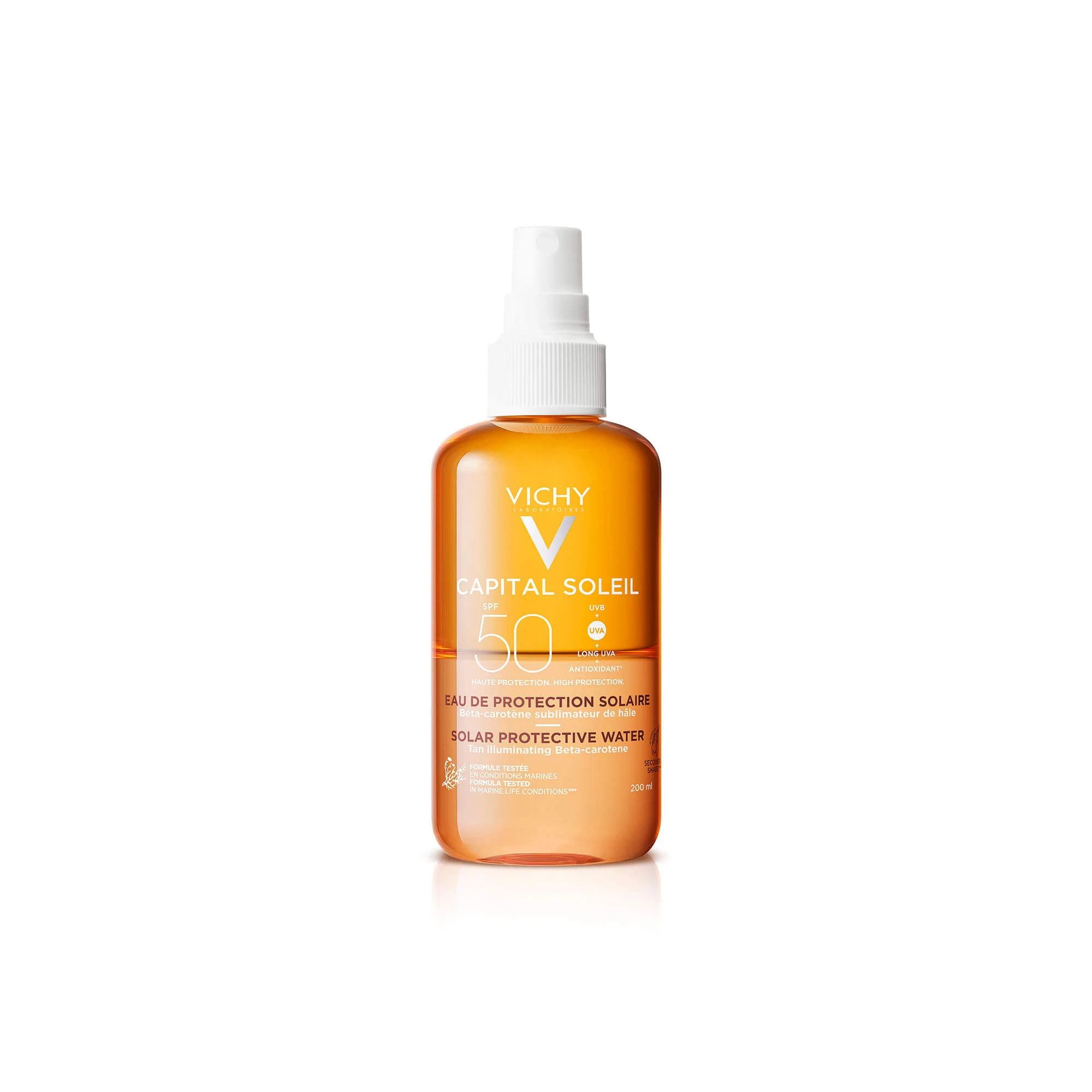 Apă cu protecție solară SPF 50 pentru bronz de durată față și corp Capital Soleil, 200 ml, Vichy