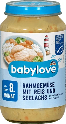 Babylove Meniu de legume cu smântână, orez și somon 8+, 220 g